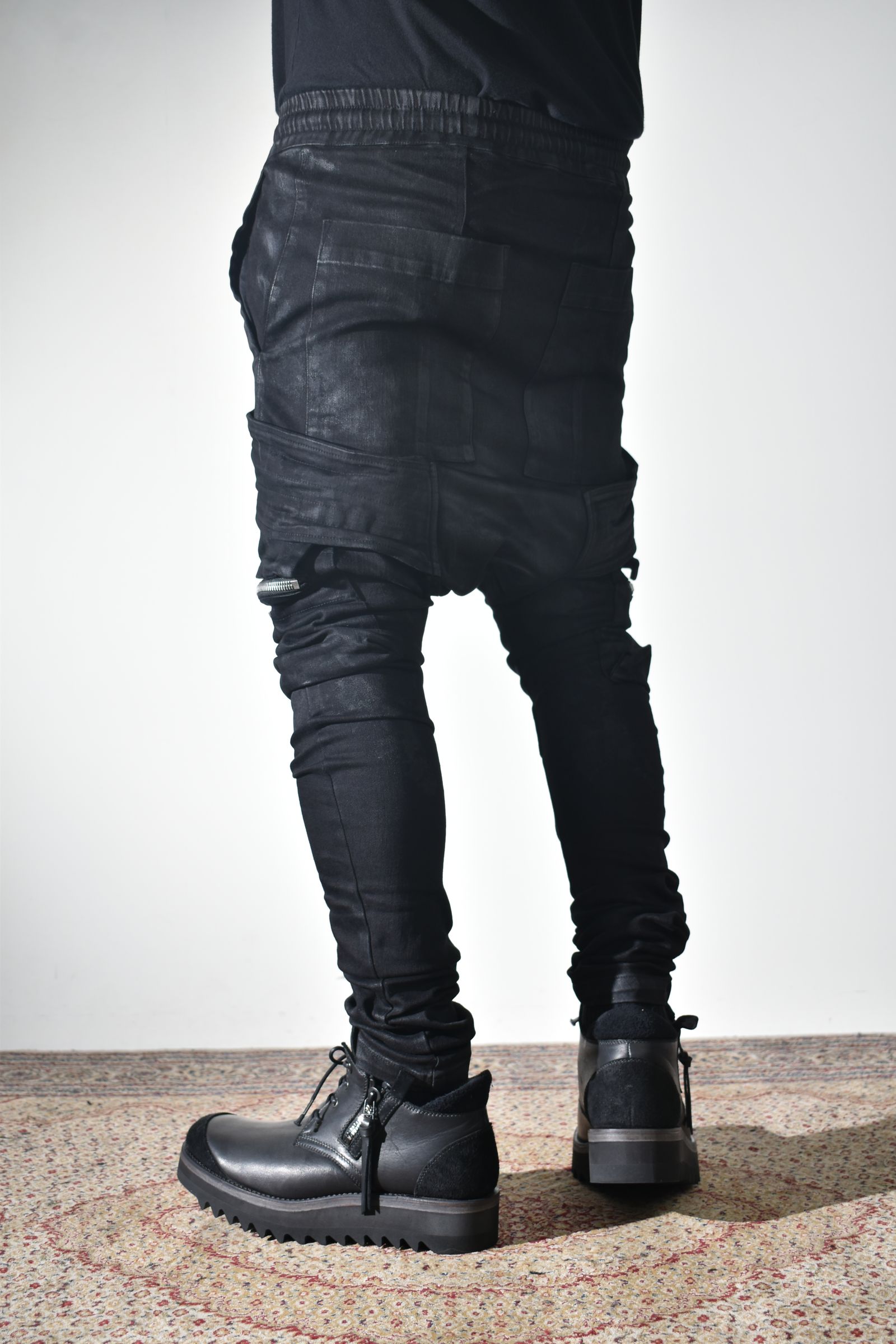 Strtch Denim Coatiing Cargo Sarouel Skinny"Black" / ストレッチデニムコーティングカーゴサルエルスキニー"ブラック"