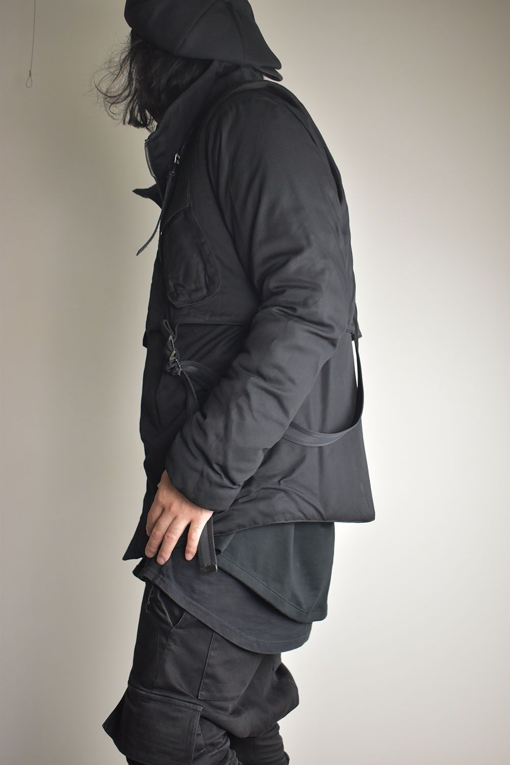 Rayon Twill Vest Hooded Down Jacket "Black" / レーヨンツイルベスト/フードアタッチドダウンジャケット"ブラック"