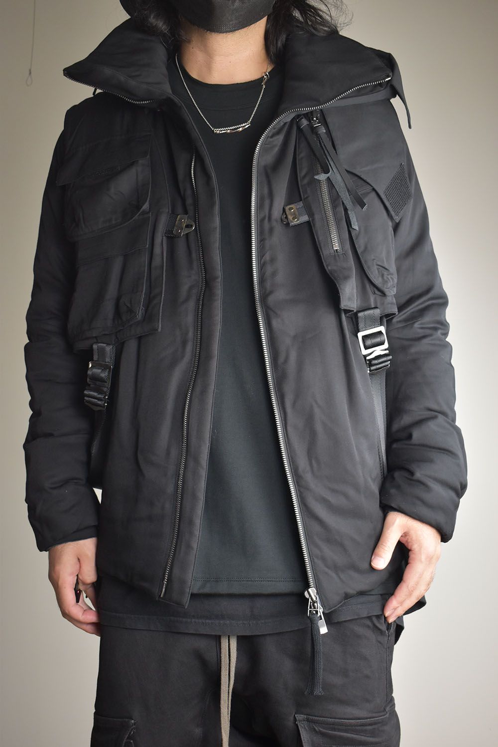 Rayon Twill Vest Hooded Down Jacket "Black" / レーヨンツイルベスト/フードアタッチドダウンジャケット"ブラック"