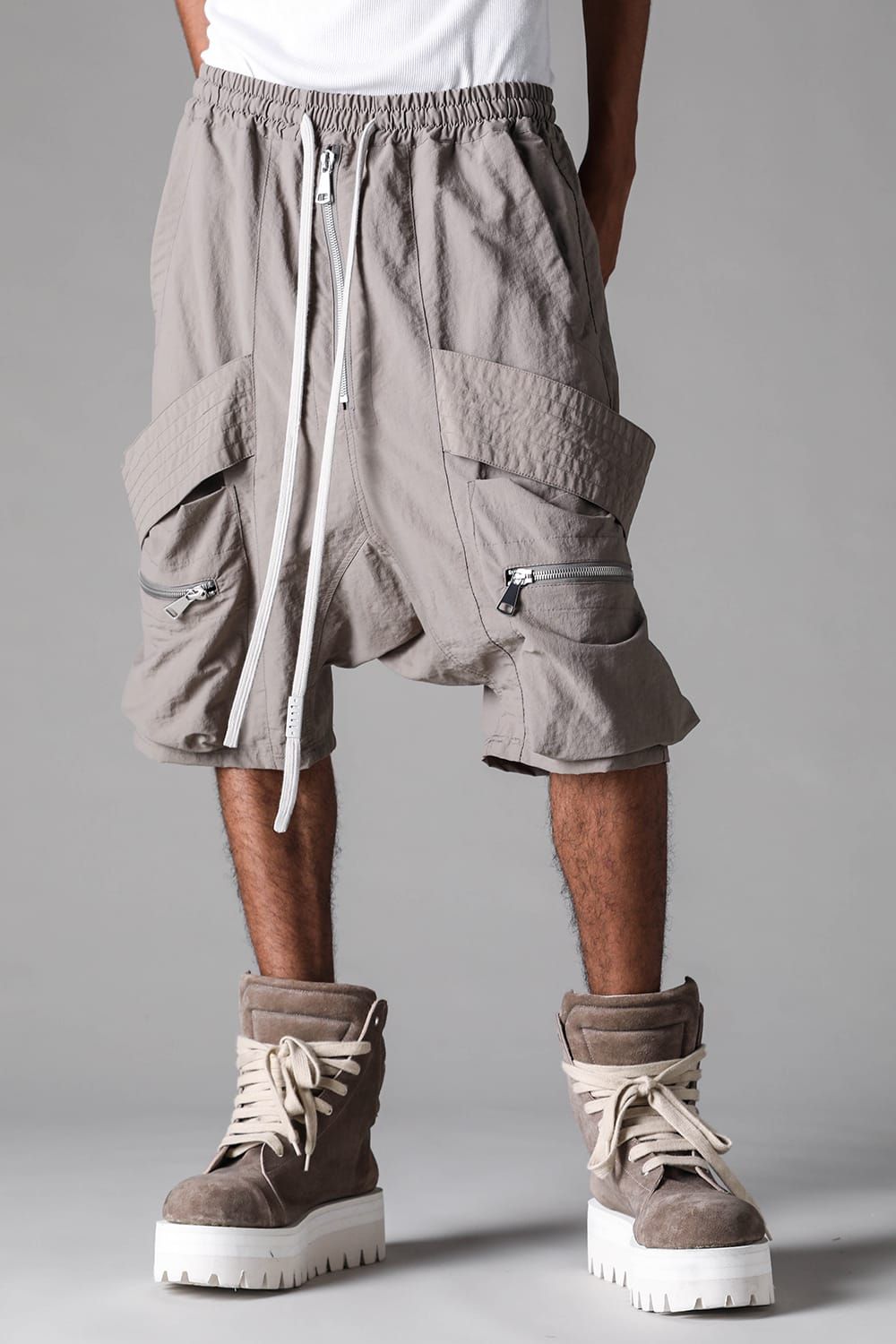 《2027SS先行予約》Rayon Nylon Belt Cargo Sarrouel Shorts"Black / Grey / L.Khaki" /レーヨンナイロンベルトカーゴサルエルショーツ"ブラック/グレー/ライトカーキ"