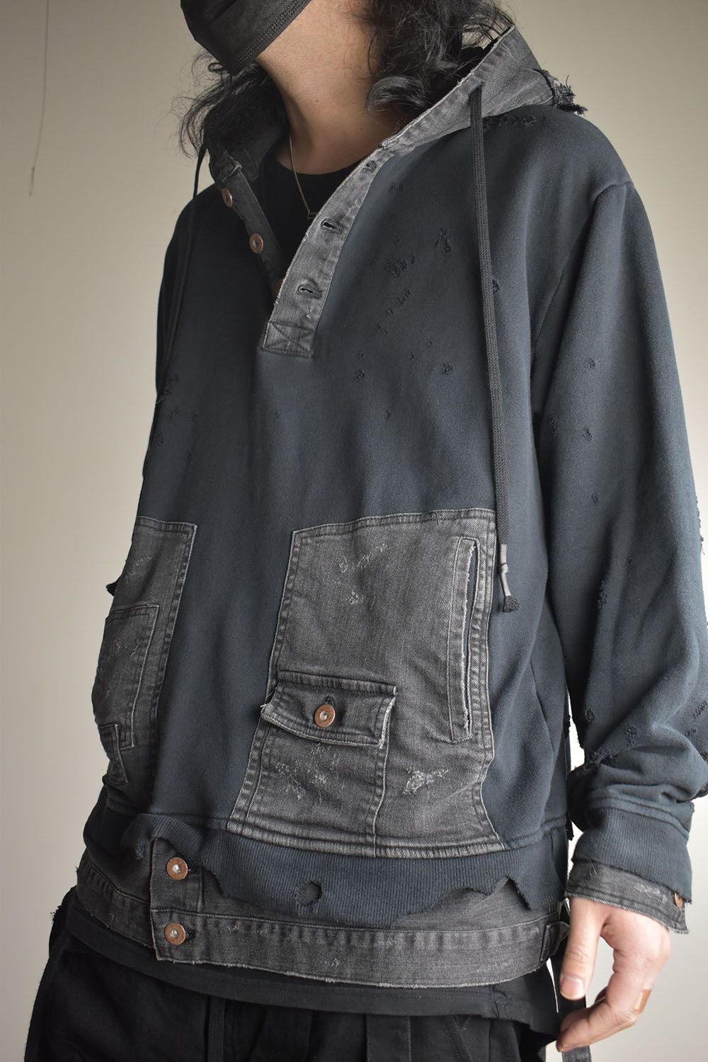 Denim Combination Non-Twisted Yarn Lined Oversized Pullover Hoodie"Black" / デニムコンビネーション無撚糸裏毛オーバーサイズプルオーバーフーディー"ブラック"