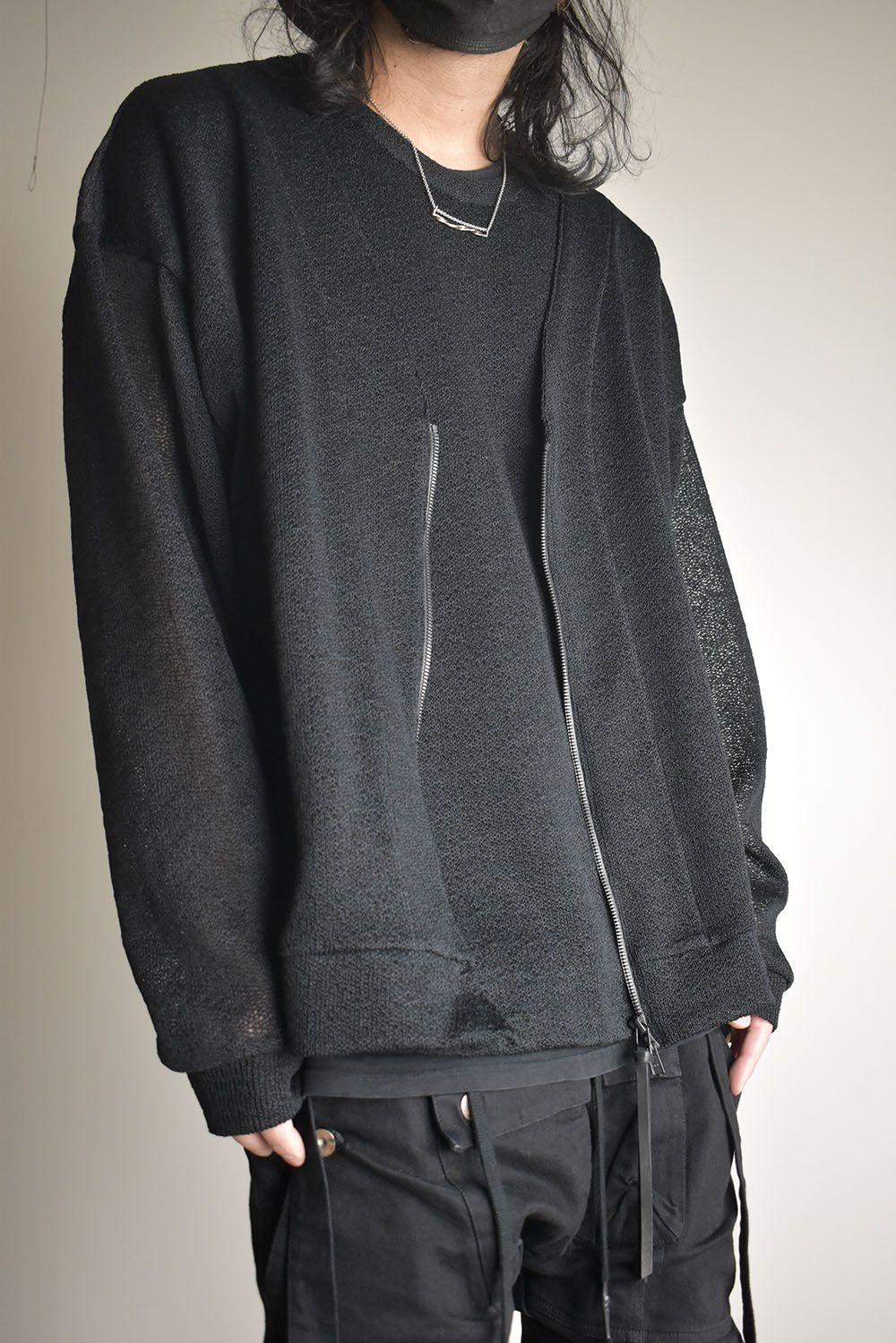 Cotton Low Gauge Knit Cardigan Layered Pullover"Black" / コットンローゲージニットカーディガンレイヤードプルオーバー"ブラック"