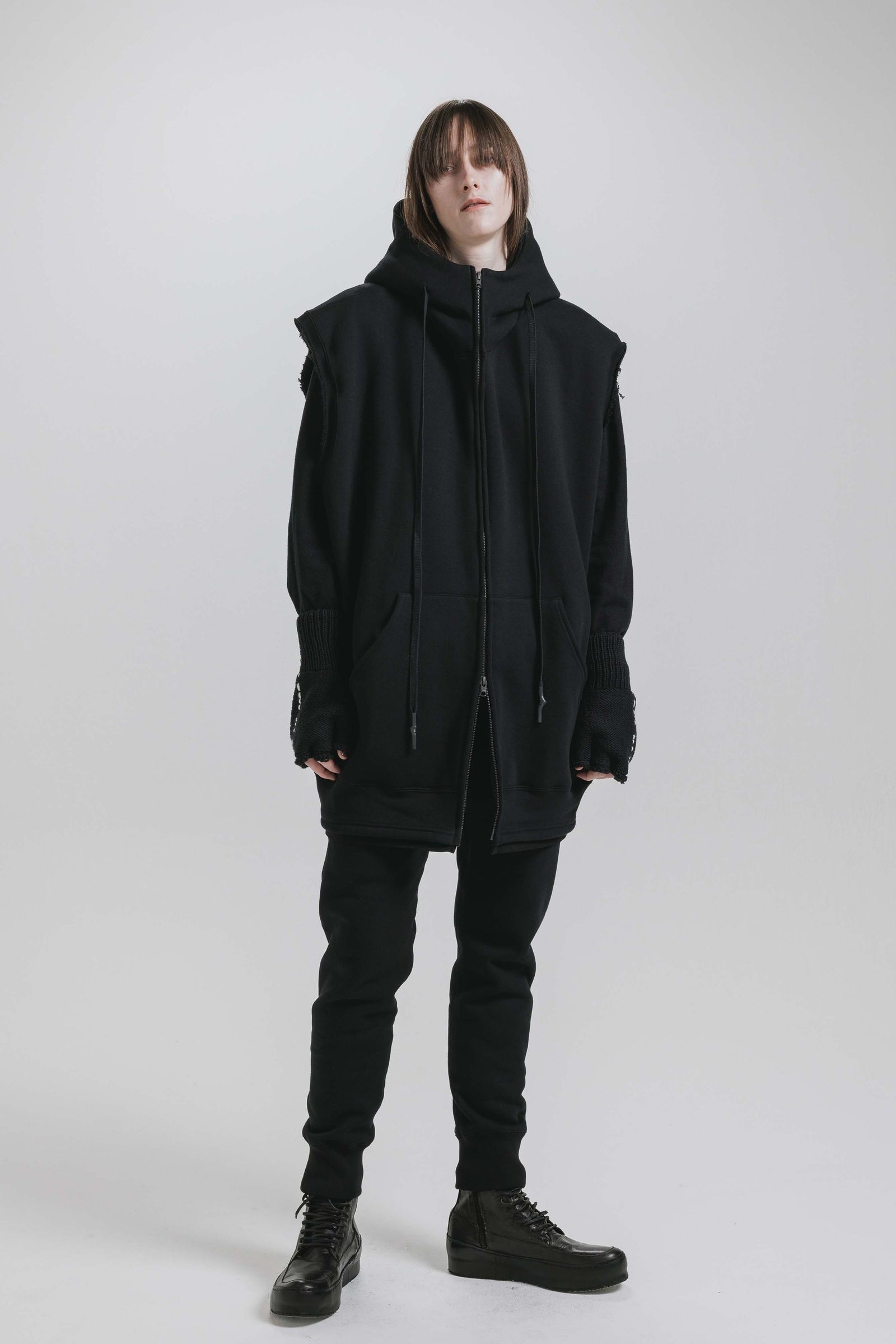 Over Size Sleeve Less Zip Up Parker"Black" / オーバーサイズスリーブレスジップアップパーカー"ブラック"