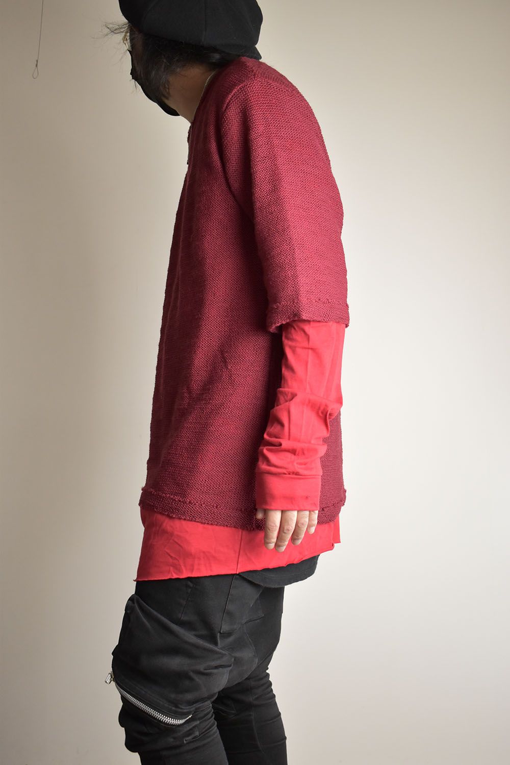 Low Gauge Knit and Cotton Jersey Layered T-Shirt "Red" / ローゲージニット×コットンジャージレイヤードTシャツ"レッド"