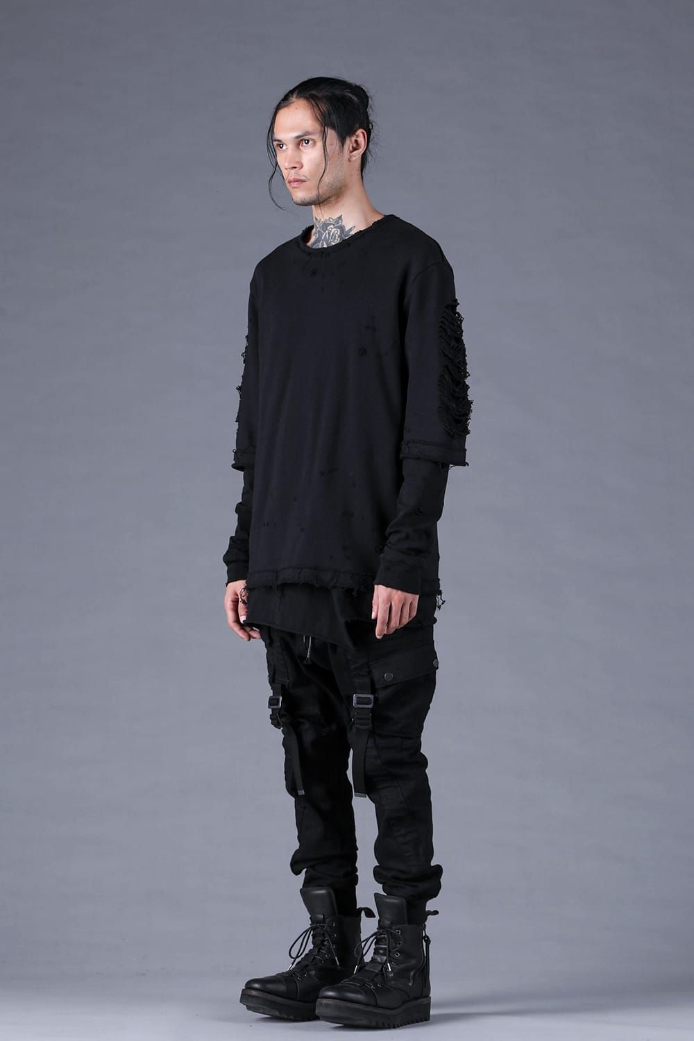 Sweat Shotgun Damage Layered Tee"Black" / 裏毛ショットガンダメージレイヤードTee"ブラック"