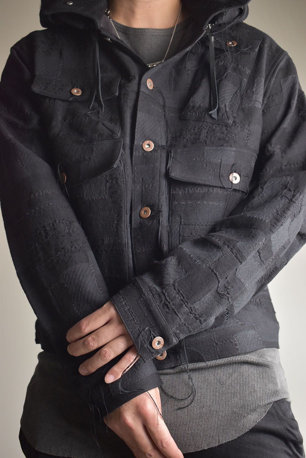 Crust Patchwork Jacquard Hood Attached Jacket "Black" / クラストパッチワークジャガードフードアタッチドジャケット"ブラック"
