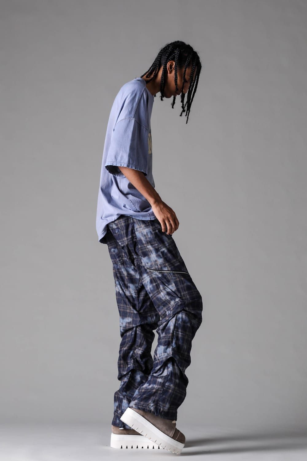 《2027SS先行予約》Check Side Zip Tuck Baggy Pants"Navy Check" / チェックサイドジップタックバギーパンツ"ネイビーチェック"