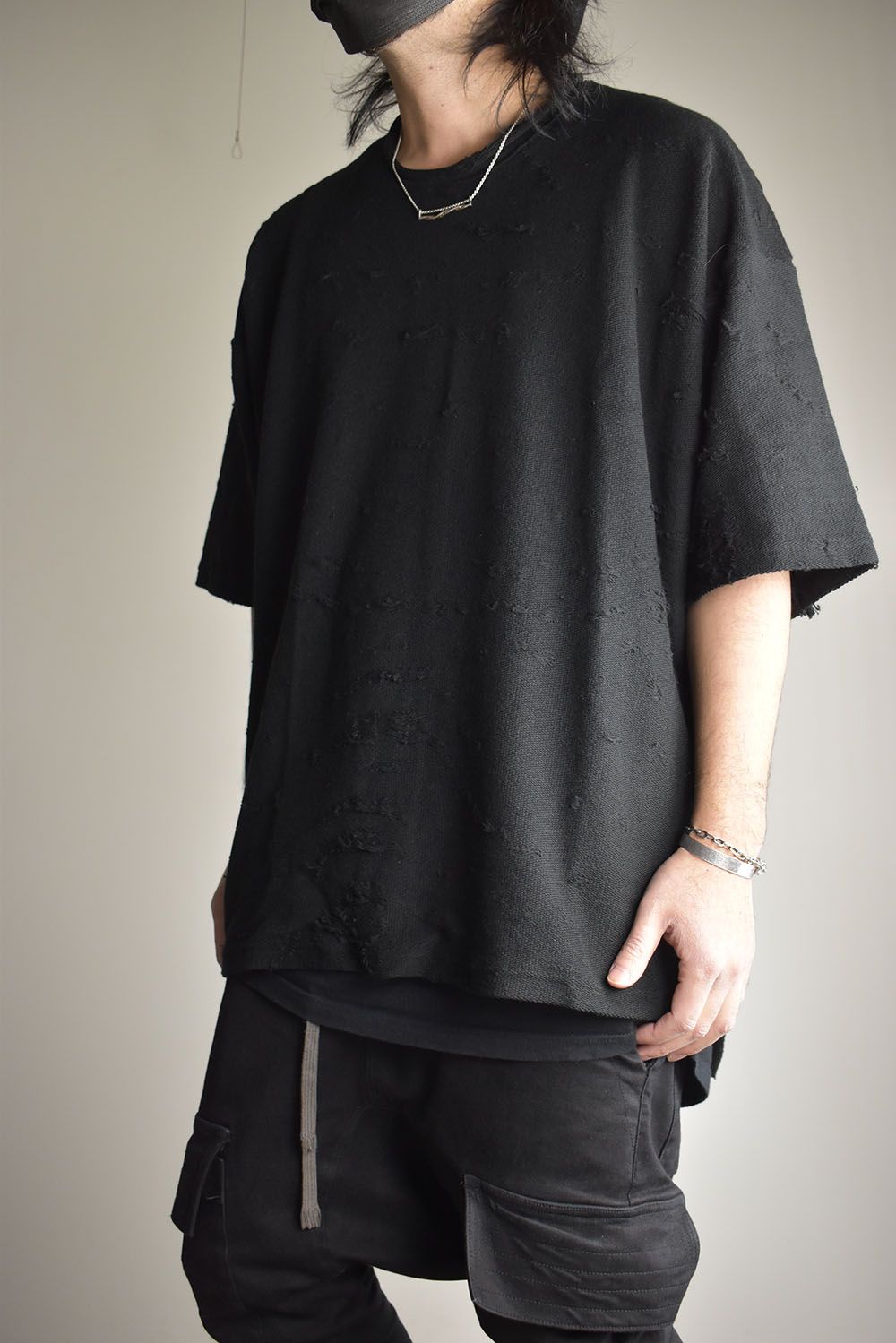 Cotton Damege Jaquard Over Sized Short Sleeve Tee"Black"/コットンダメージジャガードオーバーサイズショートスリーブTee"ブラック"