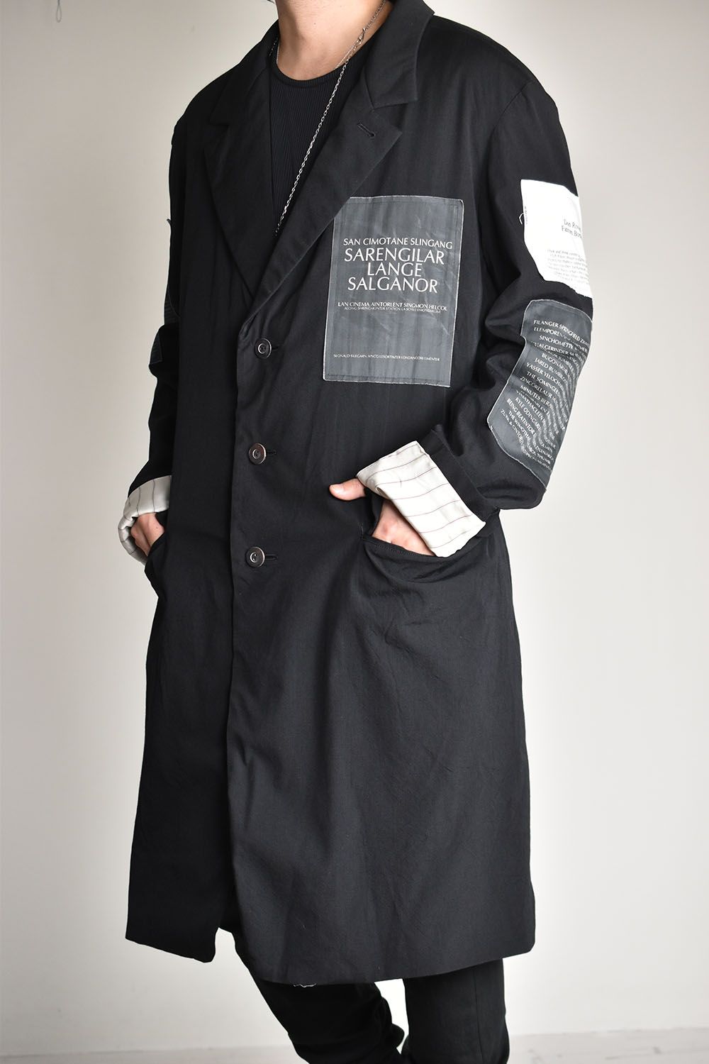 OVERSIZED LONG JACKET w/PRINTED PATCHES"Black"/プリントパッチオーバーサイズロングジャケット"ブラック"