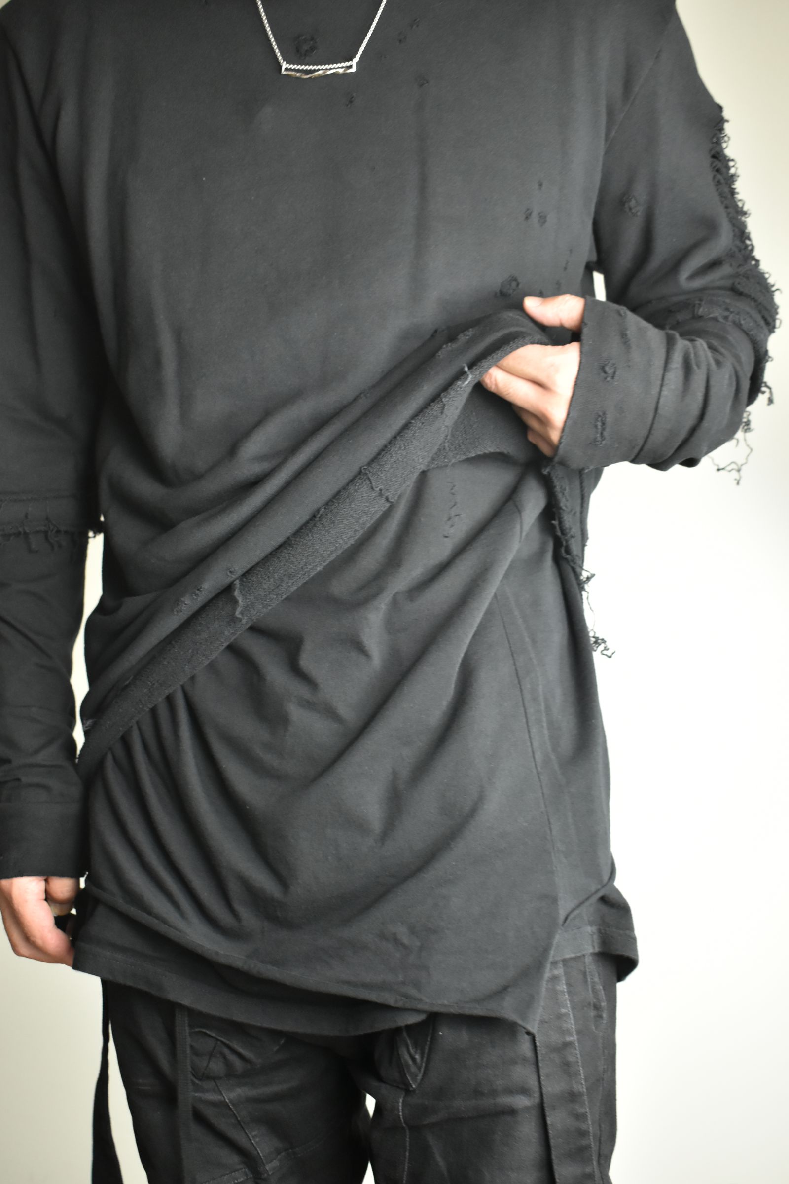 Sweat Shotgun Damage Layered Tee"Black" / 裏毛ショットガンダメージレイヤードTee"ブラック"