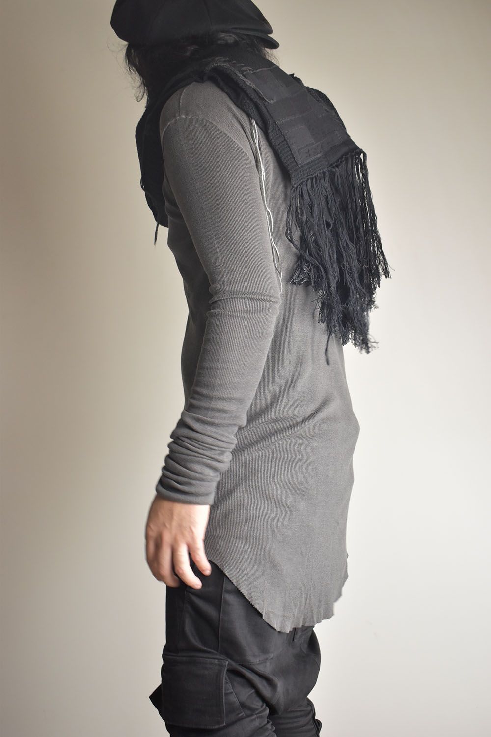 Cotton Cashmere Crust Patch Knit Long Stole "Charcoal x Black" / コットンカシミヤクラストパッチニットロングストール"チャコール×ブラック"