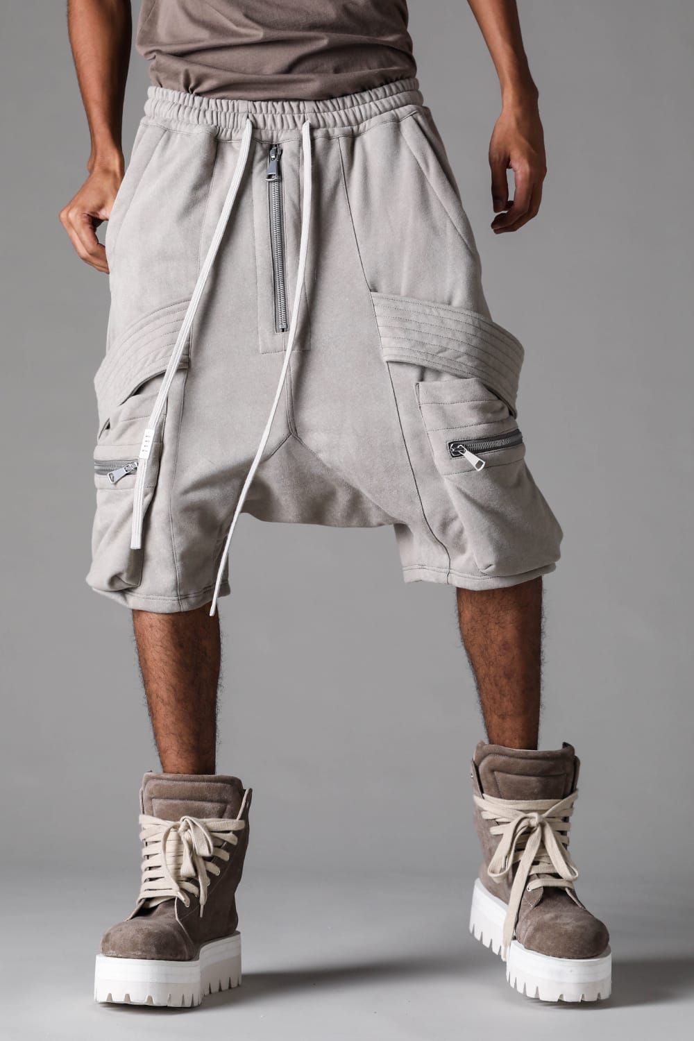 《2027SS先行予約》French Terry Belt Cargo Sarrouel Shorts "Black / Grey / L.Beige"/ フレンチテリー裏毛ベルトカーゴサルエルショーツ"ブラック / グレー /ライトベージュ"