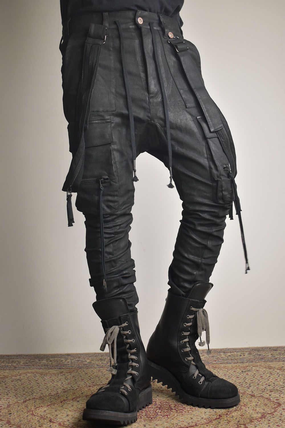 Product Coated Suspenders Cargo Jog Pants "Black" / 製品コーティングサスペンダーベルトカーゴジョグパンツ"ブラック"