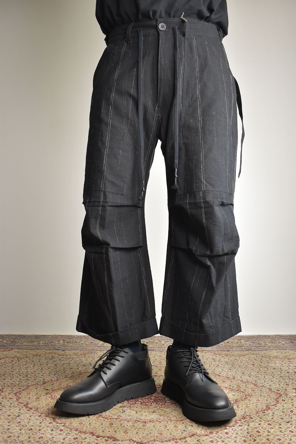 Faded Random Stripe Wide Cropped Pants"Black" / フェードランダムストライプワイドクロップドパンツ"ブラック"