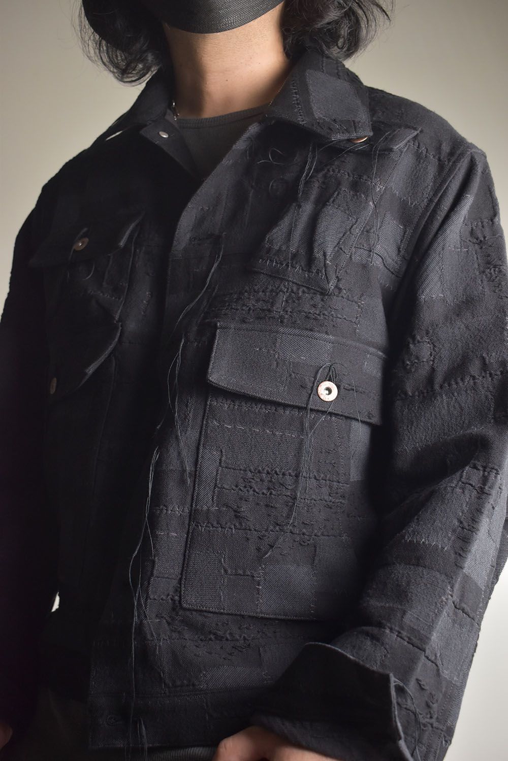 Crust Patchwork Jacquard Hood Attached Jacket "Black" / クラストパッチワークジャガードフードアタッチドジャケット"ブラック"
