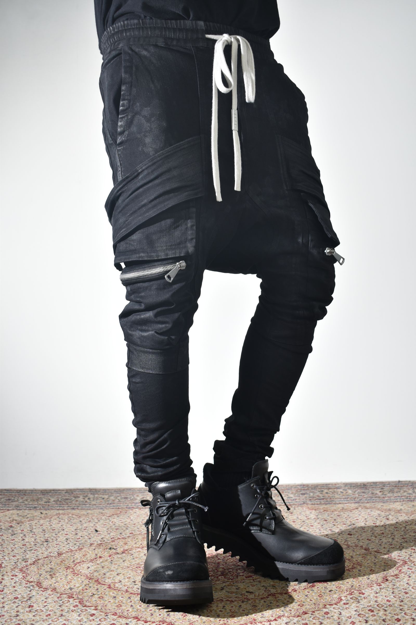 Strtch Denim Coatiing Cargo Sarouel Skinny"Black" / ストレッチデニムコーティングカーゴサルエルスキニー"ブラック"