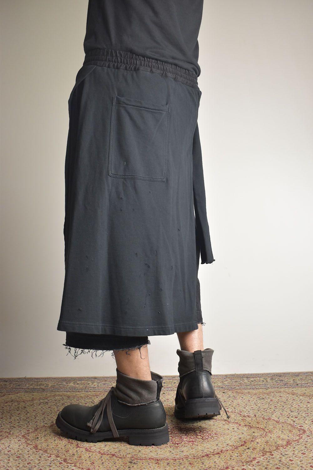 Stretch Denim Distressed Apron Wide Cropped Pants "Black" / ストレッチデニムダメージエプロンワイドクロップドパンツ"ブラック"
