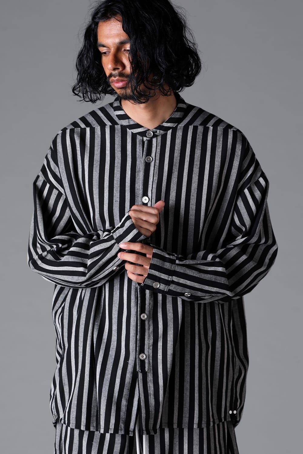 《2026SS先行予約》Vertical Stripes Stand Collar Shirts "Black×L.Grey" / バーティカルストライプスタンドカラーシャツ"ブラック×グレー"