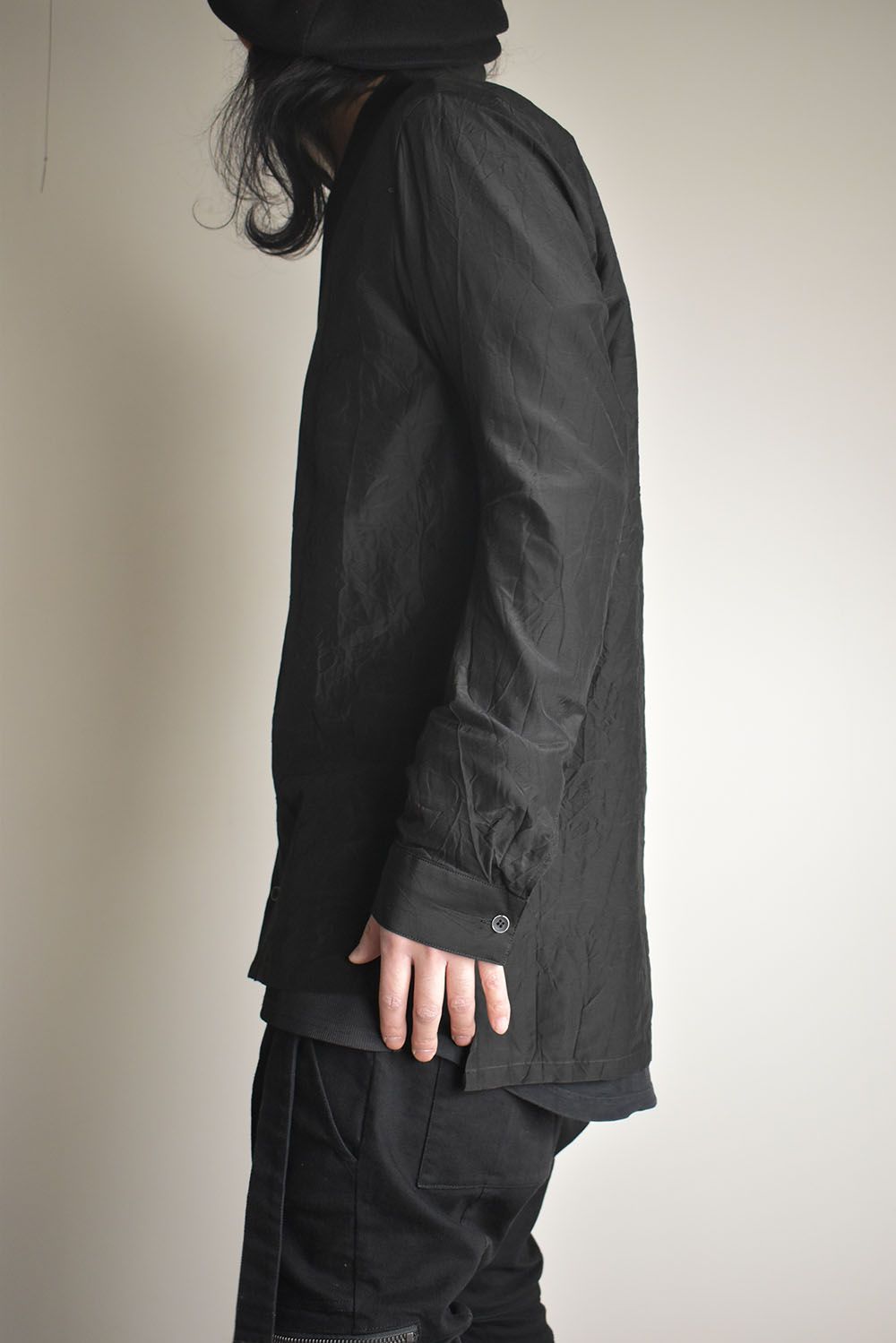 Silk Cotton Washer Shawl Collar Shirt"Black" / シルクコットンワッシャーショールカラーシャツ"ブラック"