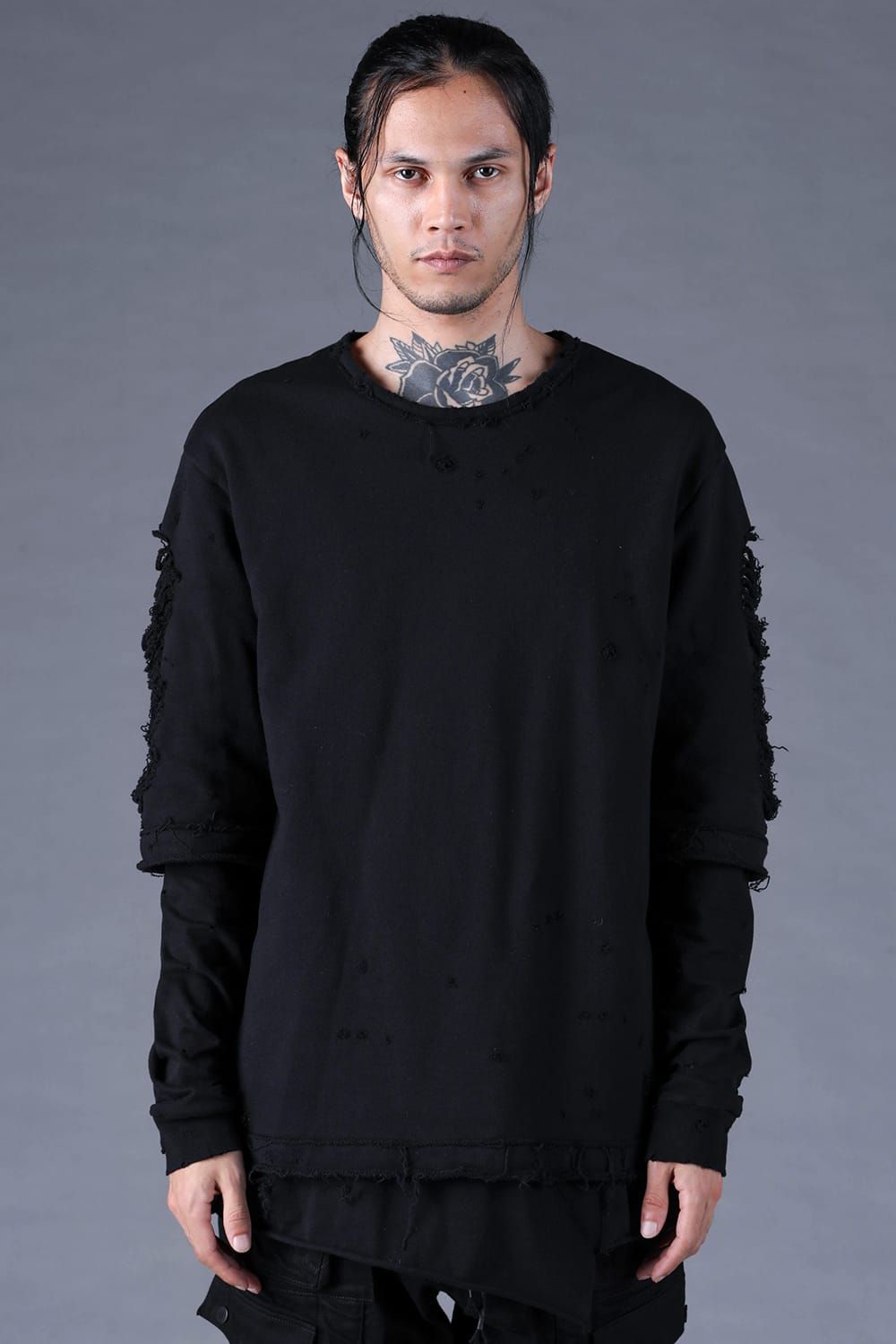 Sweat Shotgun Damage Layered Tee"Black" / 裏毛ショットガンダメージレイヤードTee"ブラック"