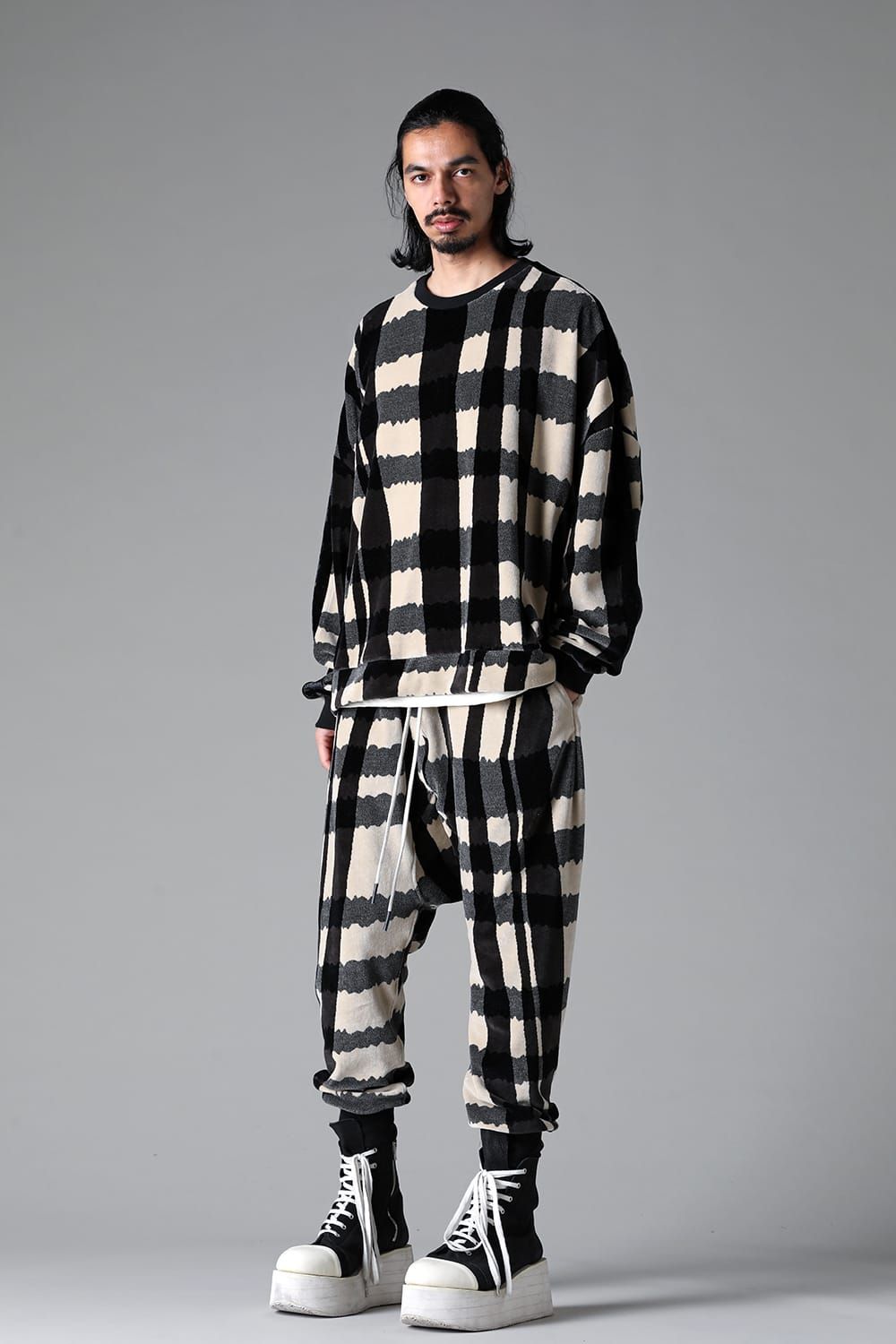 《2025AW先行予約》Checked Pattern Sarouel Jogger"Black×Grey×Ivory" / チェックパターンサルエルジョガー"ブラック×グレー×アイボリー"