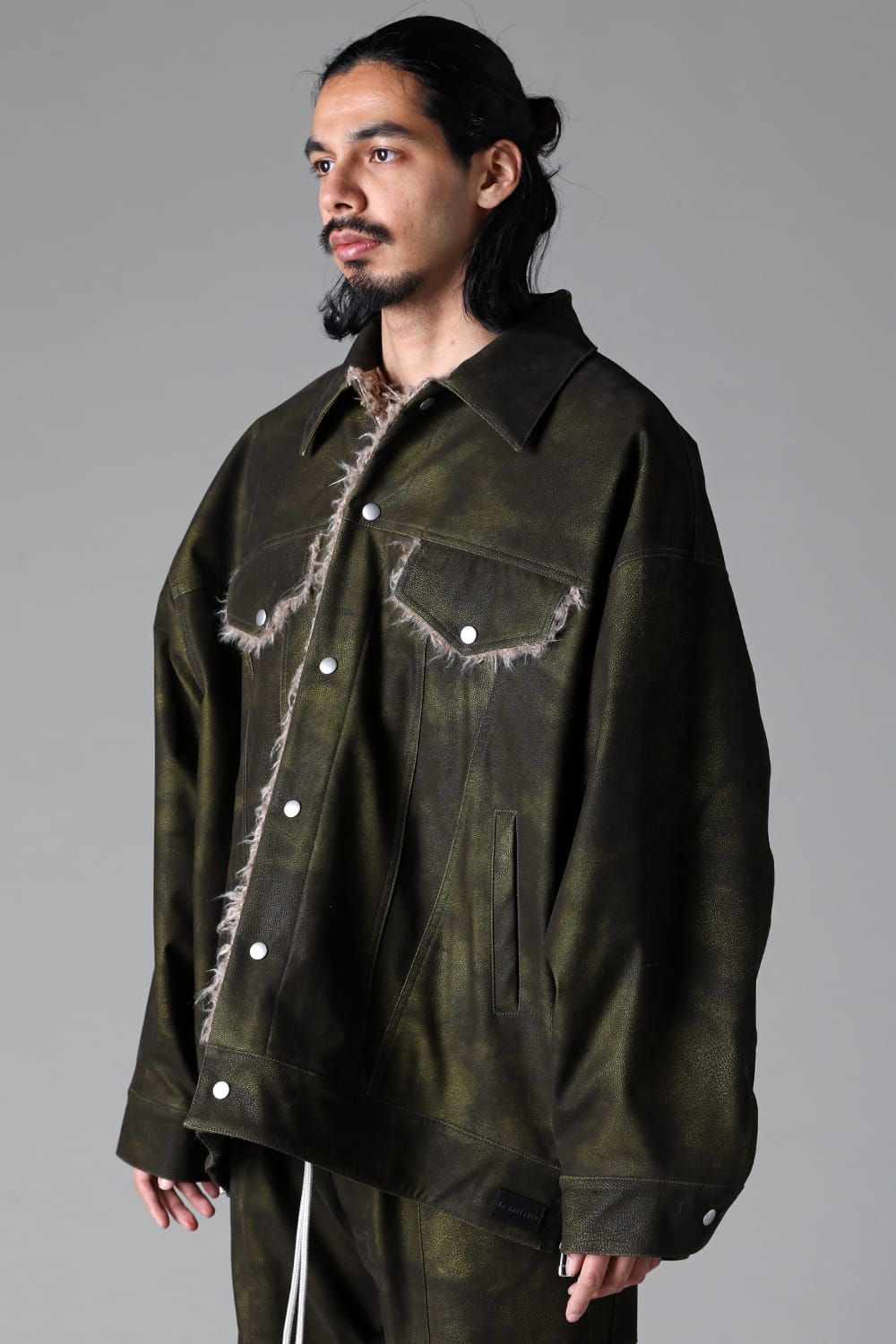 《2025AW先行予約》Synthetic Leather Jumbo Jacket"Black/Khaki" / シンセティックレザージャンボジャケット"ブラック/カーキ"