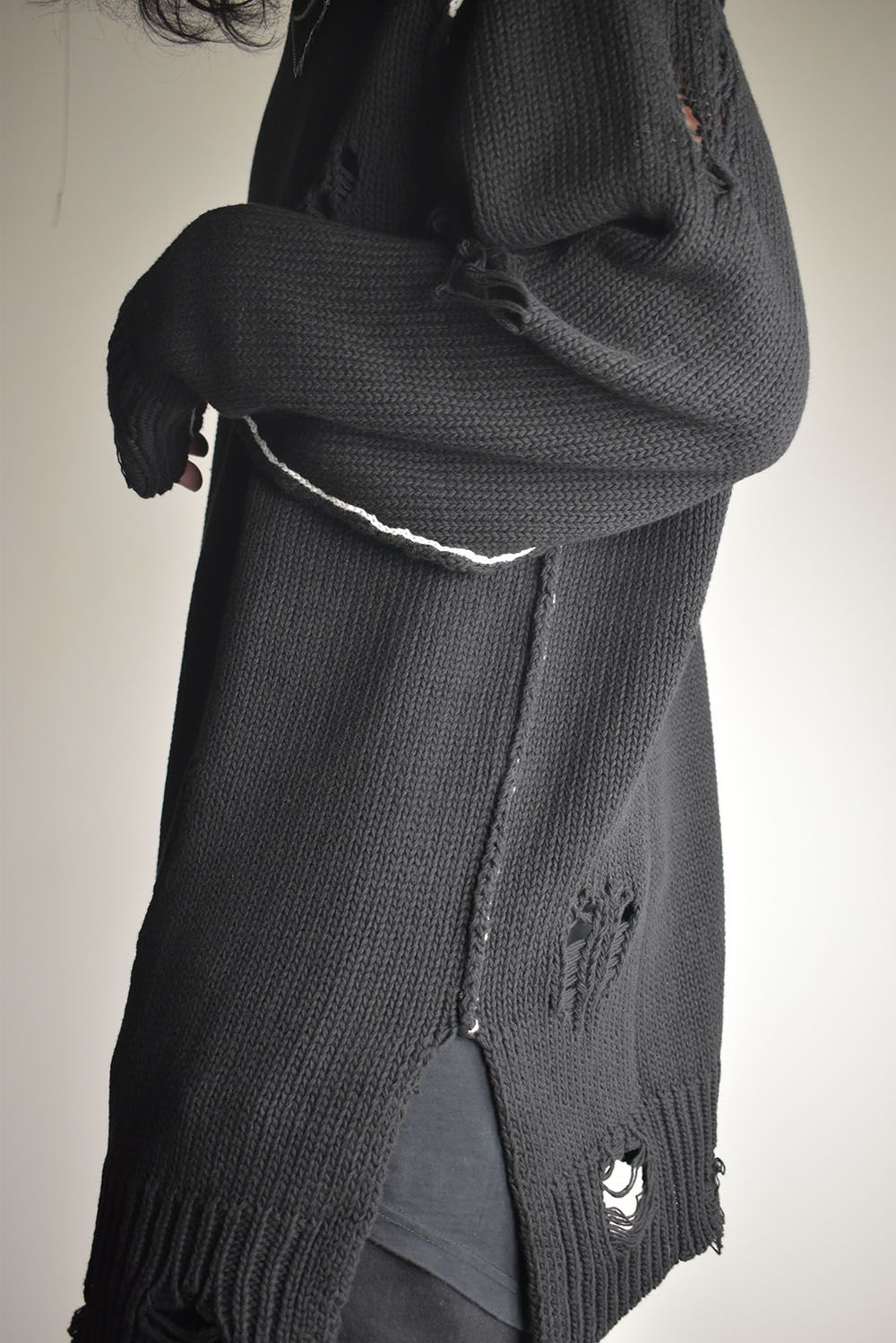 Cotton 3GG Damaged Knit Pullover"Black" / コットン 3GG ダメージニットプルオーバー"ブラック"