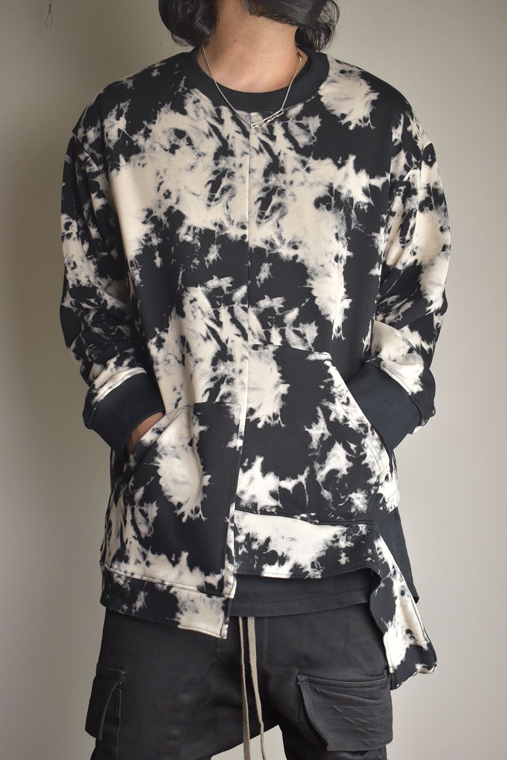 Discharge Pinting Asymmetry Crew Neck Top"Black×Ivory" /ディスチャージプリントアシンメトリークルーネックトップ"ブラック×アイボリー"