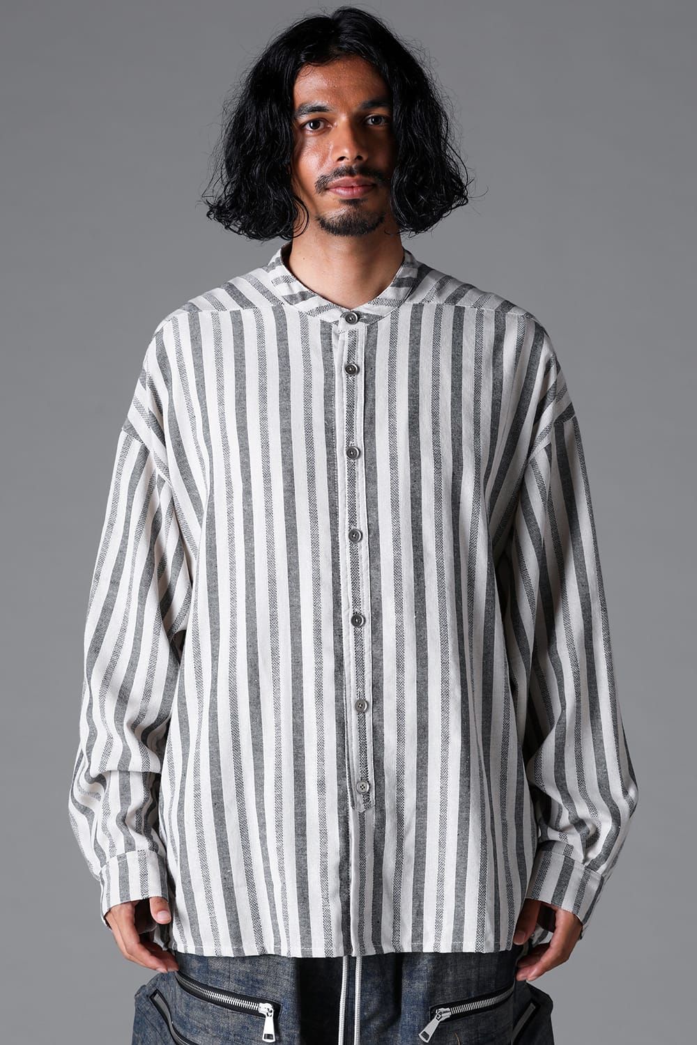 《2026SS先行予約》Vertical Stripes Stand Collar Shirts "Cream×L.Grey" / バーティカルストライプスタンドカラーシャツ"クリーム×グレー"