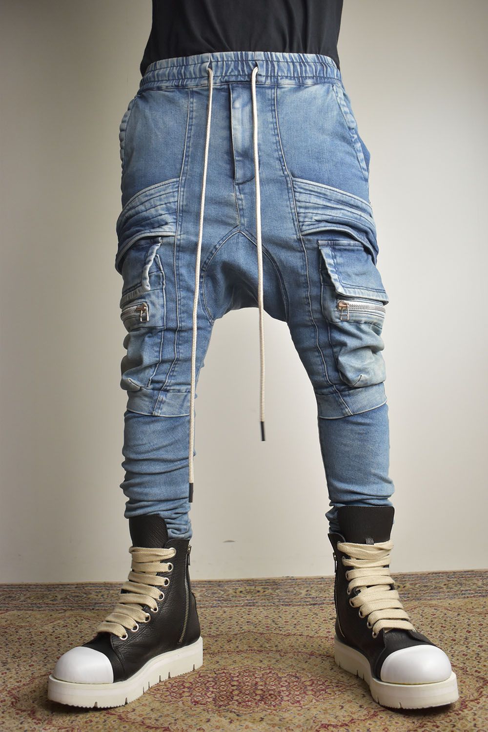 Denim Cargo Sarouel Skinny"Damage Black/Indigo Blue"/デニムカーゴサルエルスキニー"ダメージブラック/インディゴブルー"