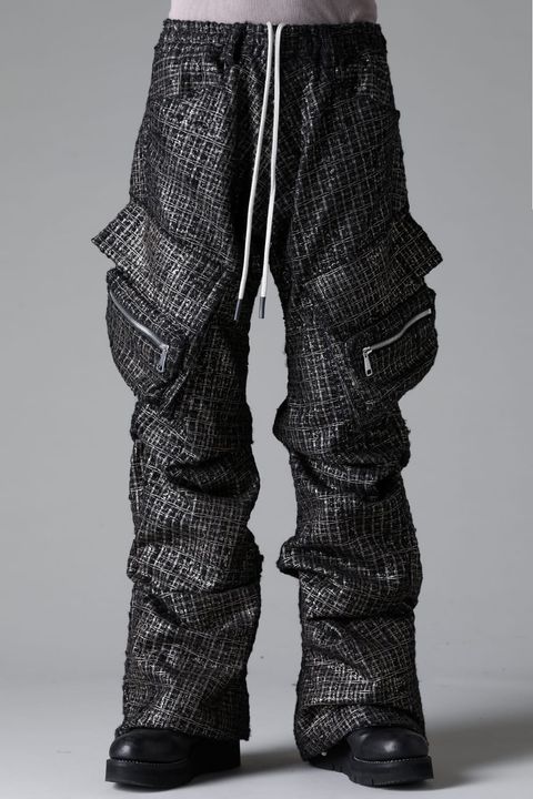 《2025AW先行予約》Glossy Tweed Boots Cut Tuck Cargo Pants"Black / Black Gold"/グロッシーツイードブーツカットタックカーゴパンツ"ブラック / ブラックゴールド"
