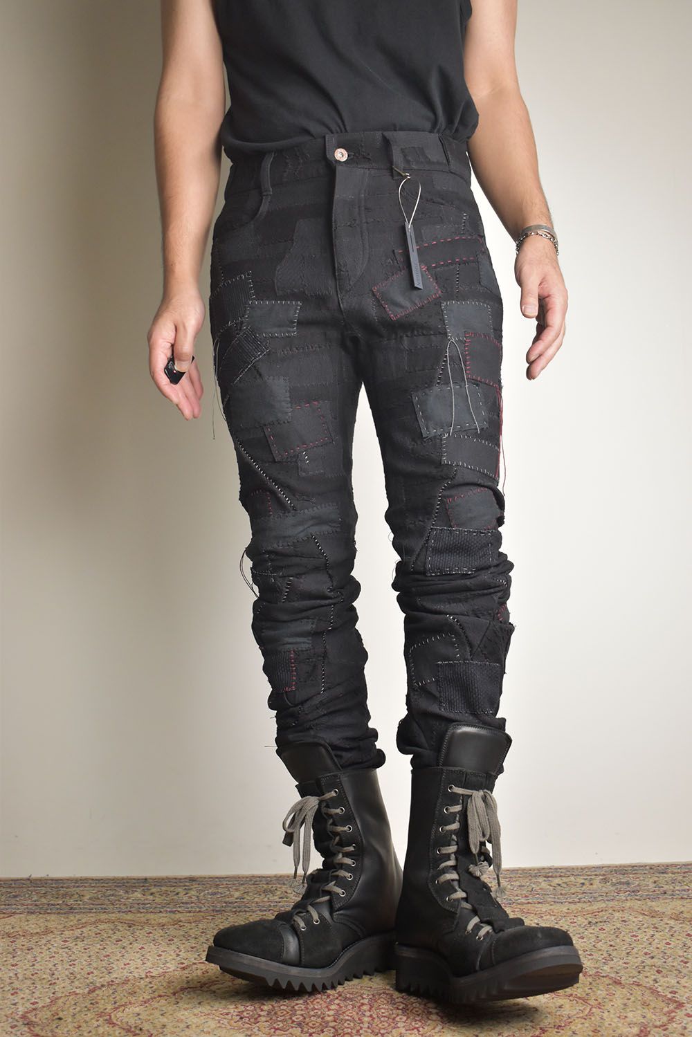 Hand Patchwork Crust Jacquard Overlock Twist Curve Pants "Black" / ハンドパッチワーククラストジャガードオーバーロックツイストカーブパンツ"ブラック"