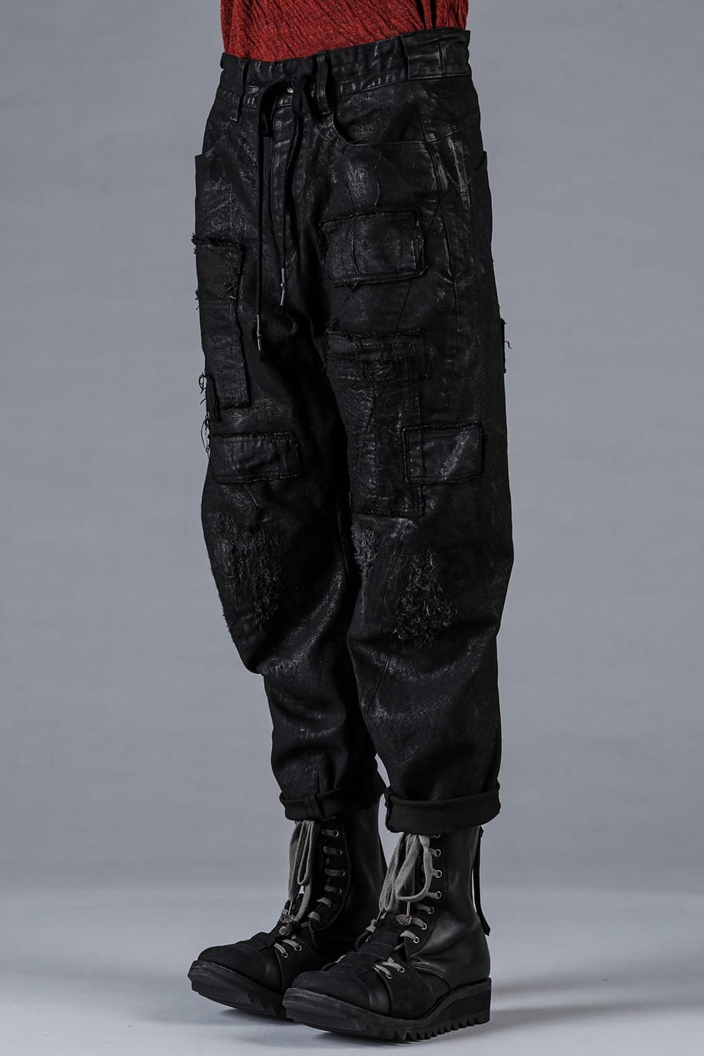 Product Coating Stretch Denim Damage Repair Cropped Pants “Black / 製品コーティングストレッチデニムダメージリペアクロップドパンツ"ブラック"