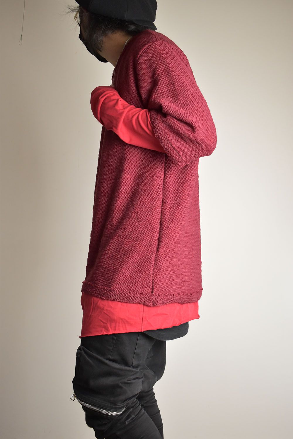 Low Gauge Knit and Cotton Jersey Layered T-Shirt "Red" / ローゲージニット×コットンジャージレイヤードTシャツ"レッド"