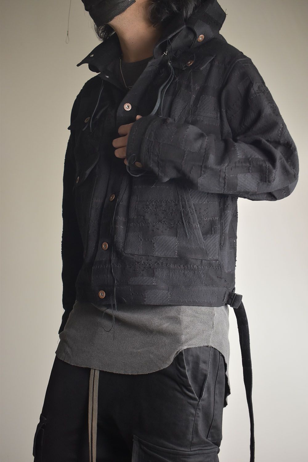 Crust Patchwork Jacquard Hood Attached Jacket "Black" / クラストパッチワークジャガードフードアタッチドジャケット"ブラック"