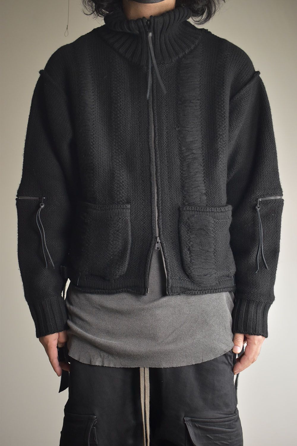 Damage Stripe Knit Cropped Jacket "Black" / ダメージストライプニットクロップドジャケット"ブラック"
