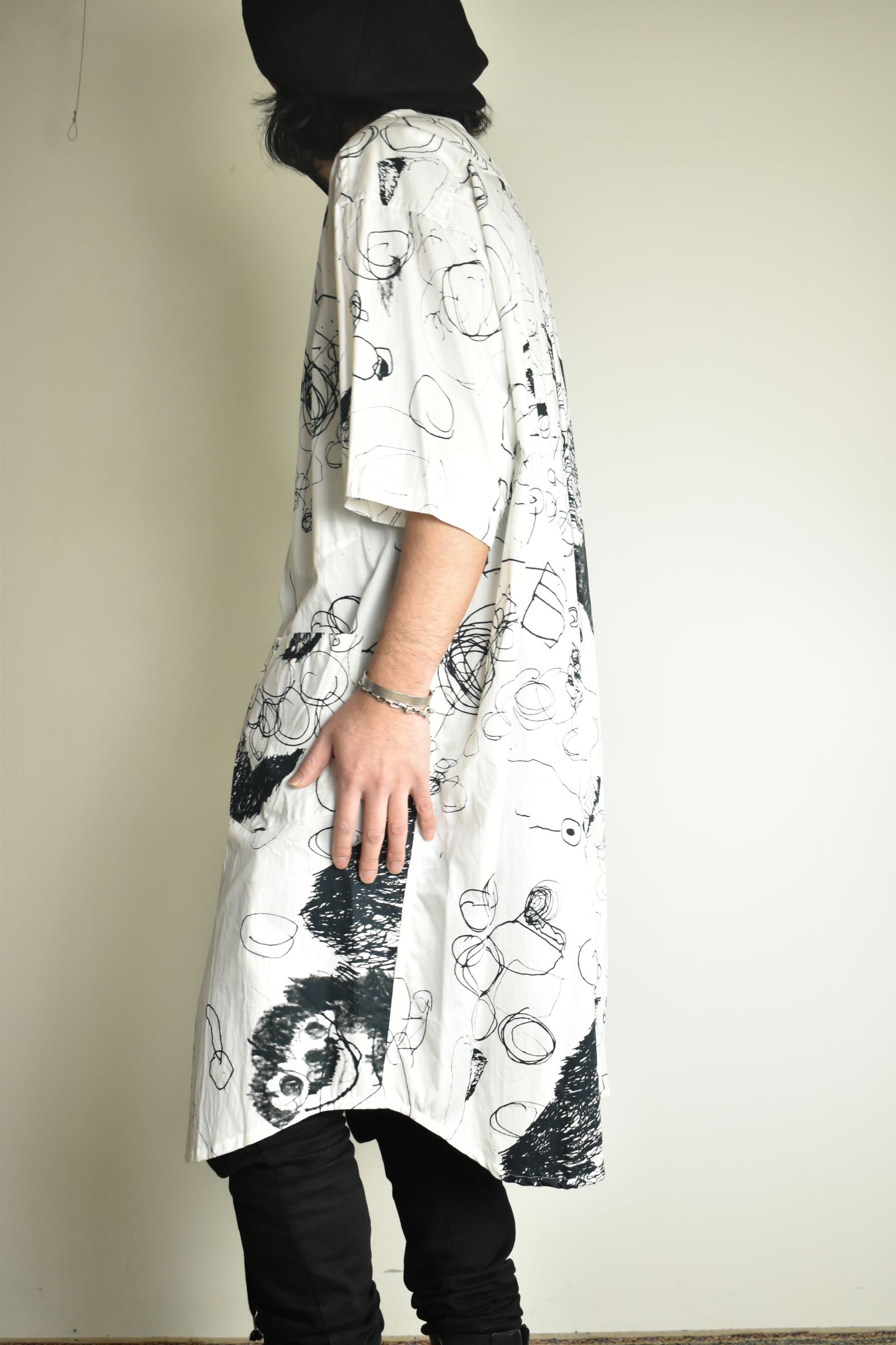 Cotton Twill Ink Jet Short-Sleeved Big Shirt&Dress"White Black" / コットンツイルインクジェット半袖ビッグシャツ / ワンピース"ホワイト ブラック"
