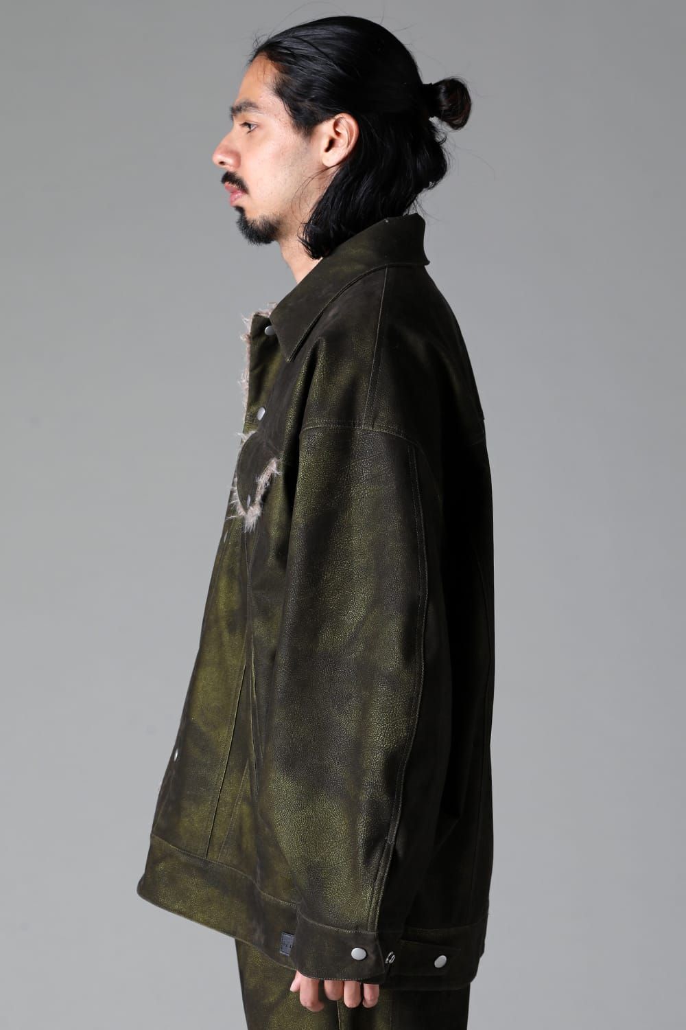 《2025AW先行予約》Synthetic Leather Jumbo Jacket"Black/Khaki" / シンセティックレザージャンボジャケット"ブラック/カーキ"