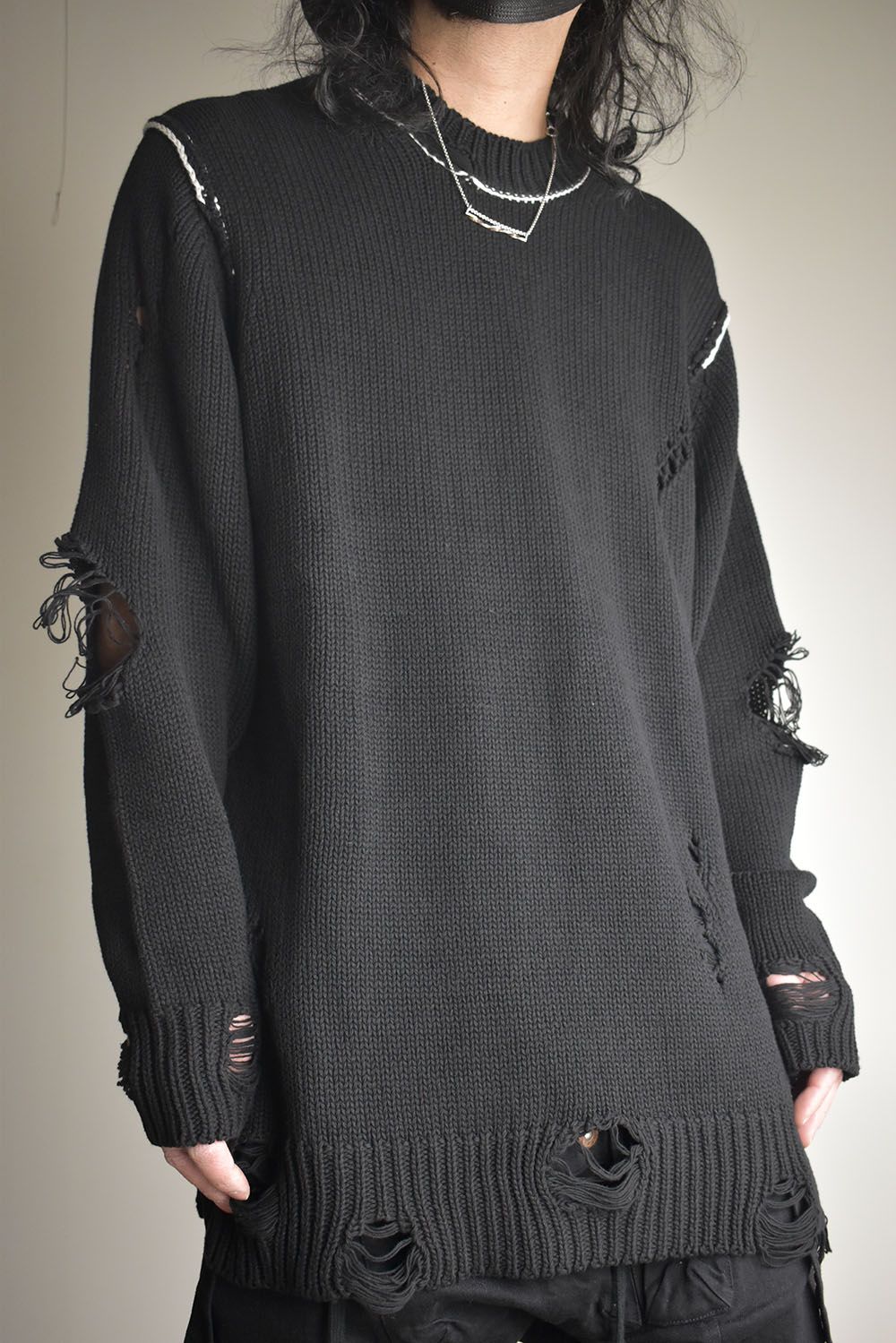 Cotton 3GG Damaged Knit Pullover"Black" / コットン 3GG ダメージニットプルオーバー"ブラック"