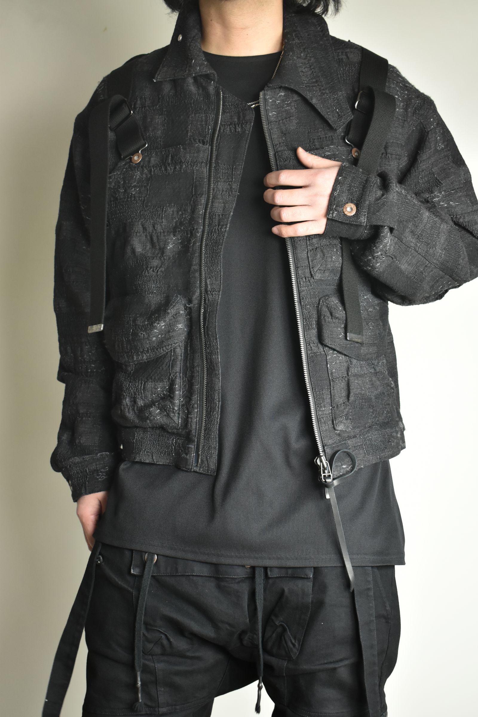 Crust Jacquard Salopette Layered Jacket"Black" / クラストジャガードサロペットレイヤードジャケット"ブラック"