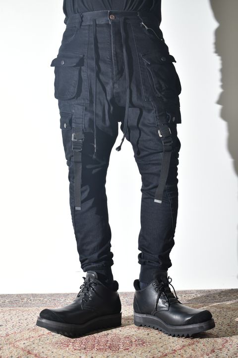 Stretch Denim Belt-Adjustable Cargo Jogger Pants"Black" / ストレッチデニムベルトアジャストカーゴジョグパンツ"ブラック"