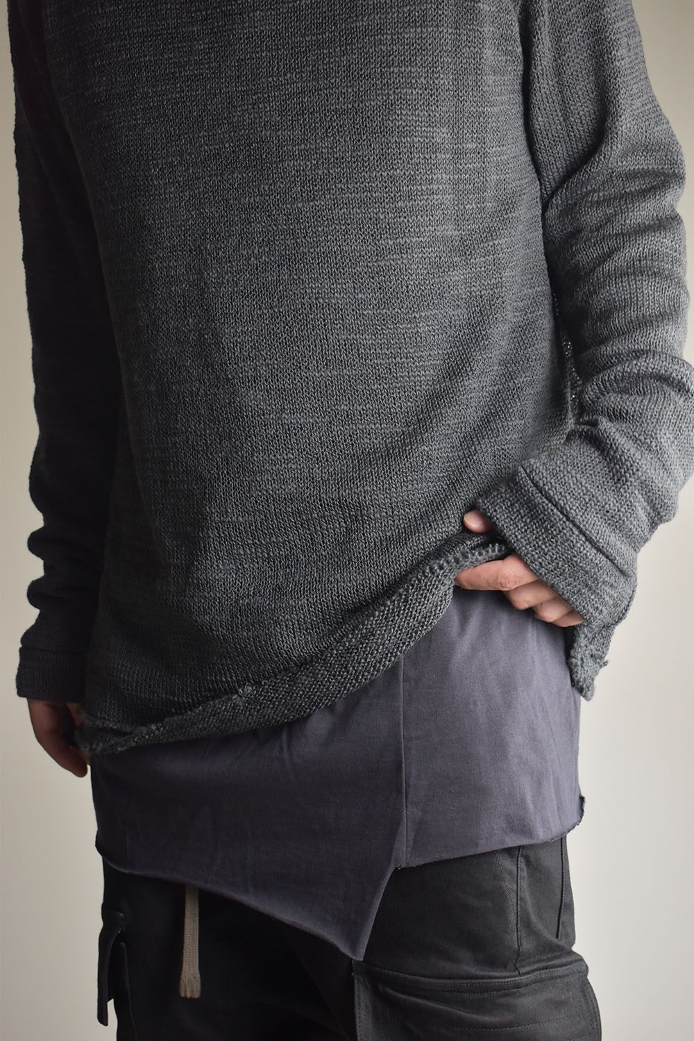 Low-Gauge knit × Cotton Jersey Layered Tee "Charcoal" / ローゲージニット×コットンジャージレイヤードTシャツ"チャコール"