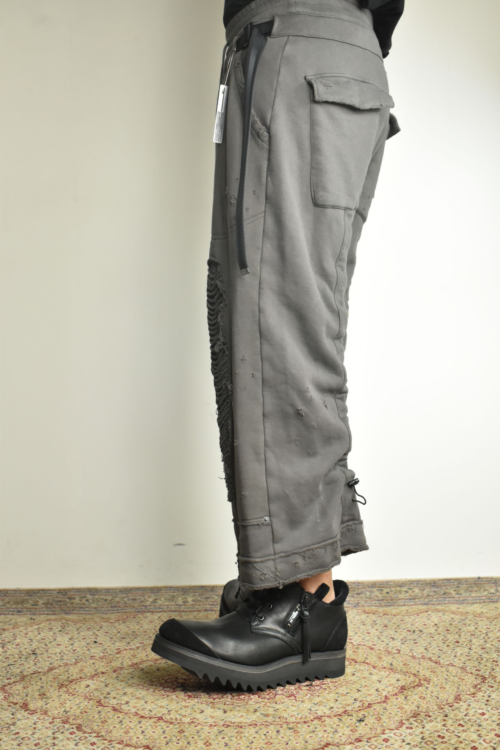 Untwisted Yarn Fleece Shotgun Wide Cropped Pants"Charcoal" / 無撚糸裏毛ショットガンワイドクロップドパンツ"チャコール"