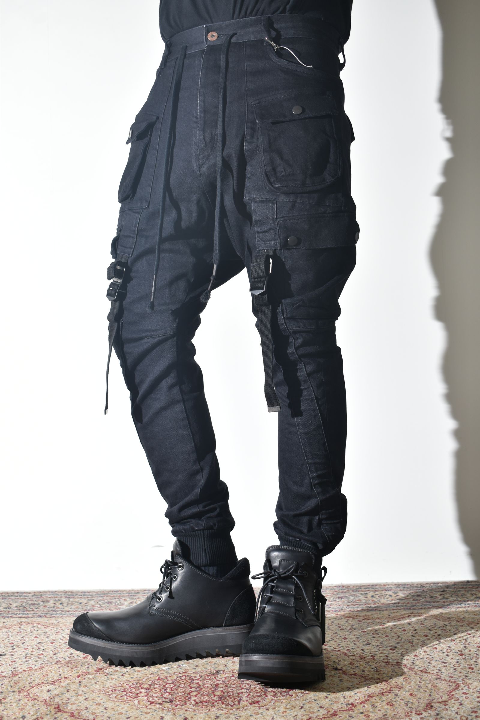 Stretch Denim Belt-Adjustable Cargo Jogger Pants"Black" / ストレッチデニムベルトアジャストカーゴジョグパンツ"ブラック"