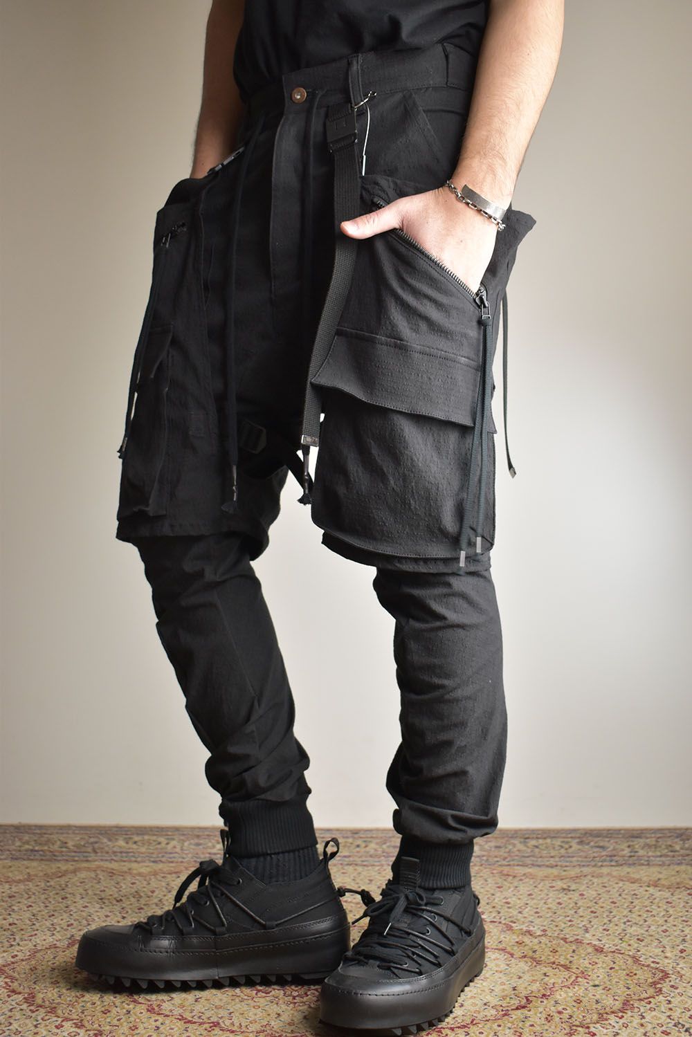 Ripstop Detachable Shorts Layered Cargo Jog Pants"Black" / リップストップデタッチャブルショーツレイヤードカーゴジョグパンツ"ブラック"