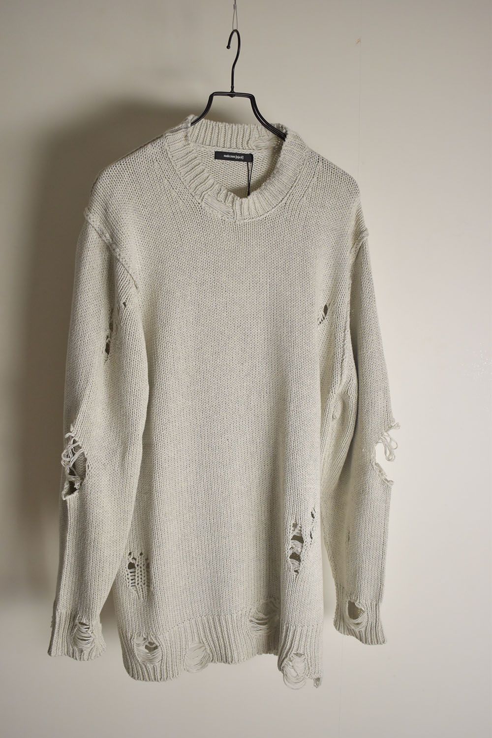Cotton 3GG Damaged Knit Pullover"Light Grey" / コットン 3GG ダメージニットプルオーバー"ライトグレー"