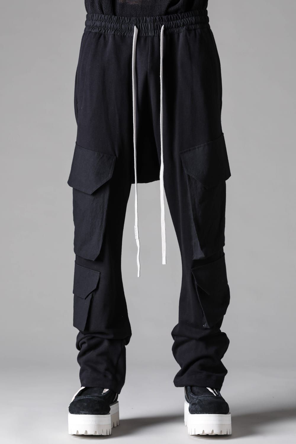 《2027SS先行予約》Lightweight French Terry Sarrouel Flare Cargo Pants"Black" / ミニ裏毛サルエルフレアカーゴパンツ"ブラック"