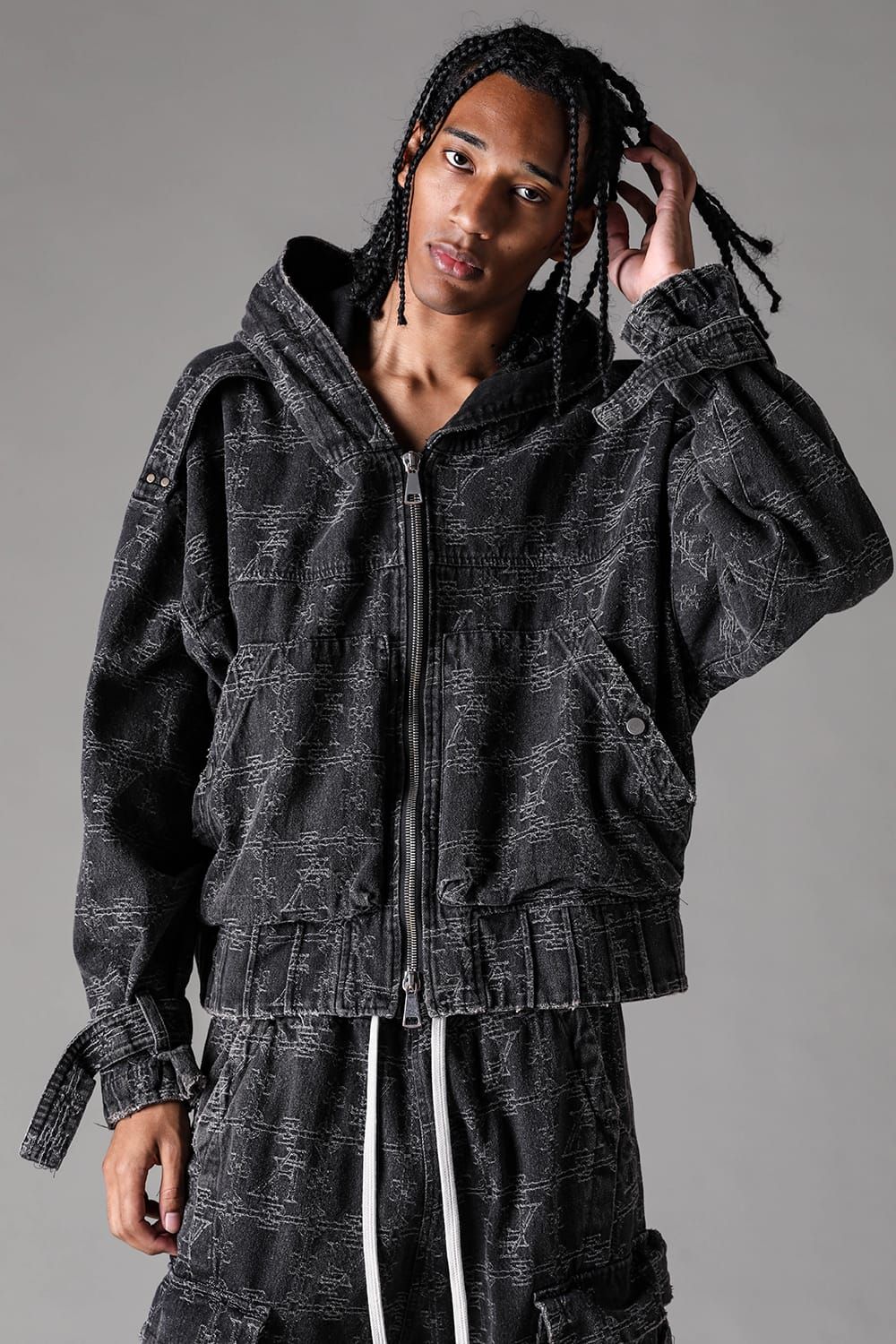 《2027SS先行予約》Jacgurd Denim Hoodie Blouson "Black / Blue" / ジャガードデニムフーディブルゾン"ブラック/ブルー"