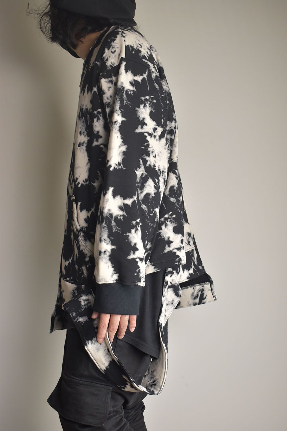 Discharge Pinting Asymmetry Crew Neck Top"Black×Ivory" /ディスチャージプリントアシンメトリークルーネックトップ"ブラック×アイボリー"