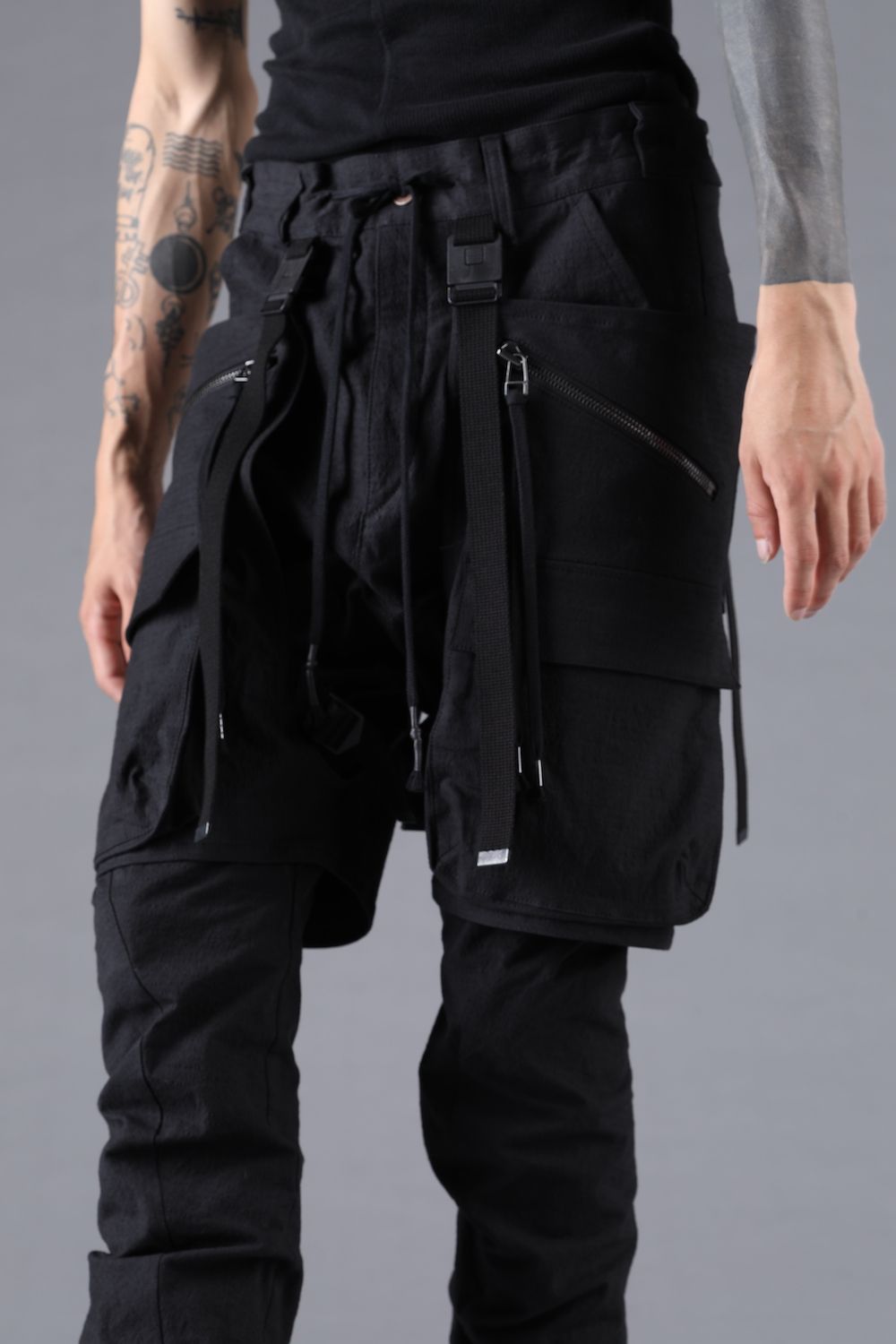 Ripstop Detachable Shorts Layered Cargo Jog Pants"Black" / リップストップデタッチャブルショーツレイヤードカーゴジョグパンツ"ブラック"